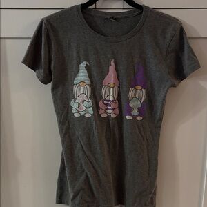 Gray Gnome Graphic Ladies T-Shirt- holding Easter eggs.